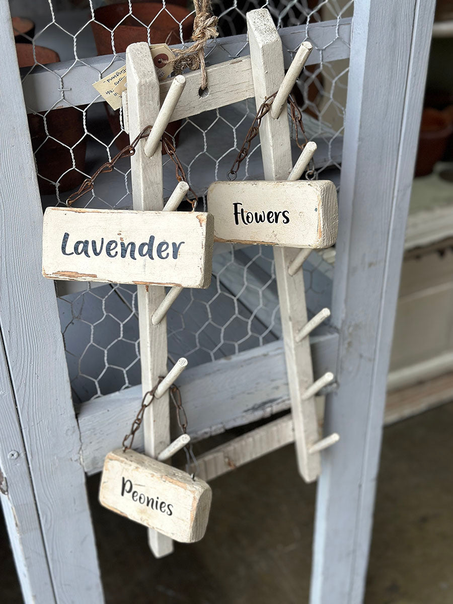 English Old Vintage Pine Wall Hanging Rack with Flower Signs - main image