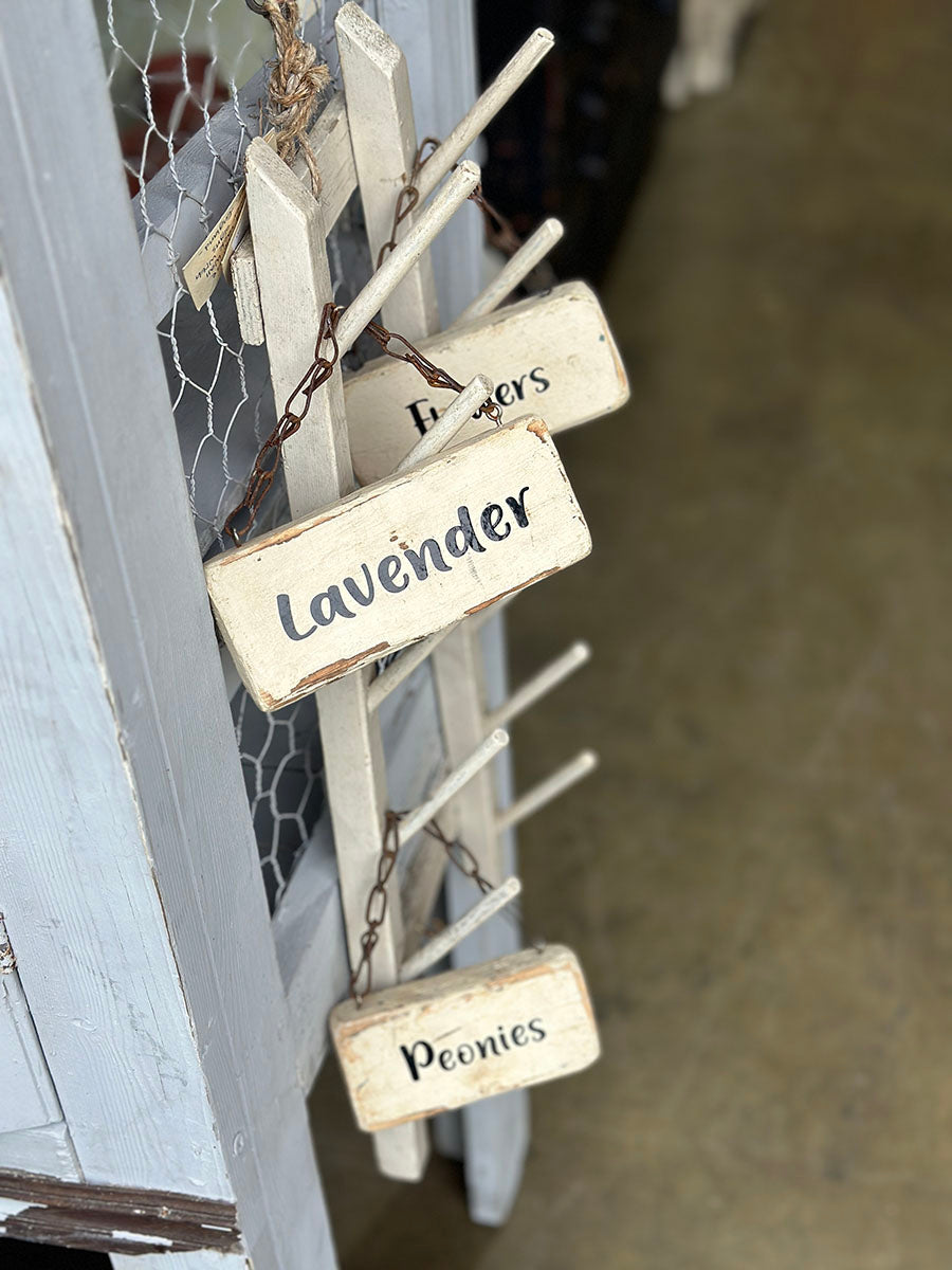English Old Vintage Pine Wall Hanging Rack with Flower Signs - detail 7