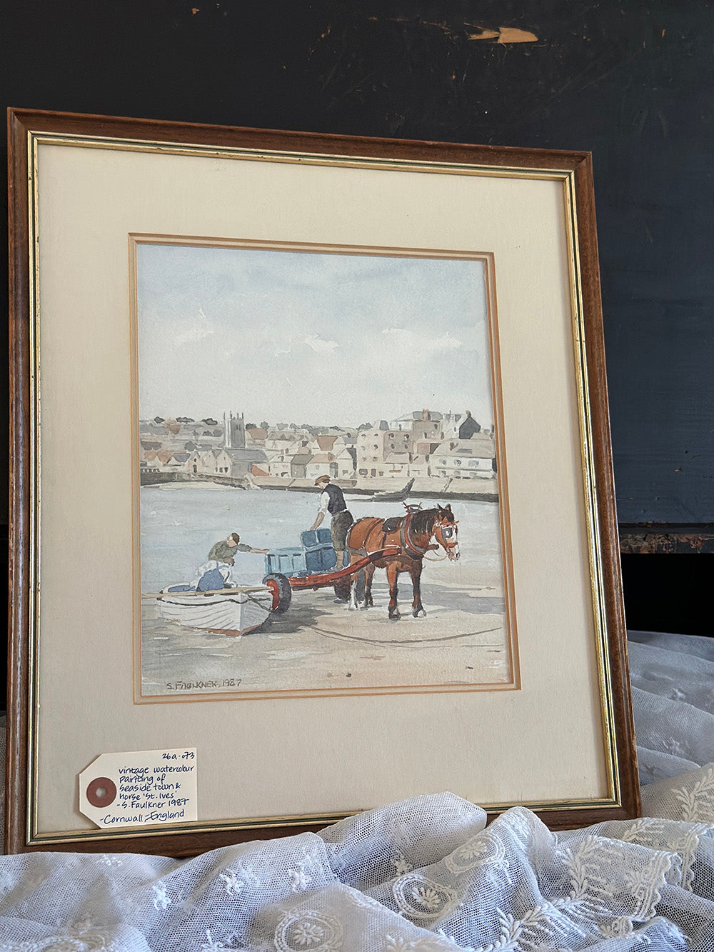 English Vintage Watercolour Painting, St. Ives by S. Faulkner - detail 2
