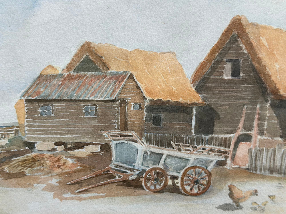 English Vintage Watercolour Painting, Farmhouse with a Sea View - detail 1