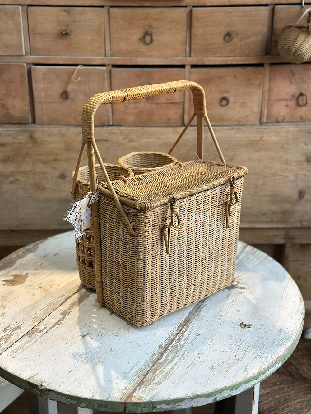 English Vintage Picnic Basket Wine Holder - main image