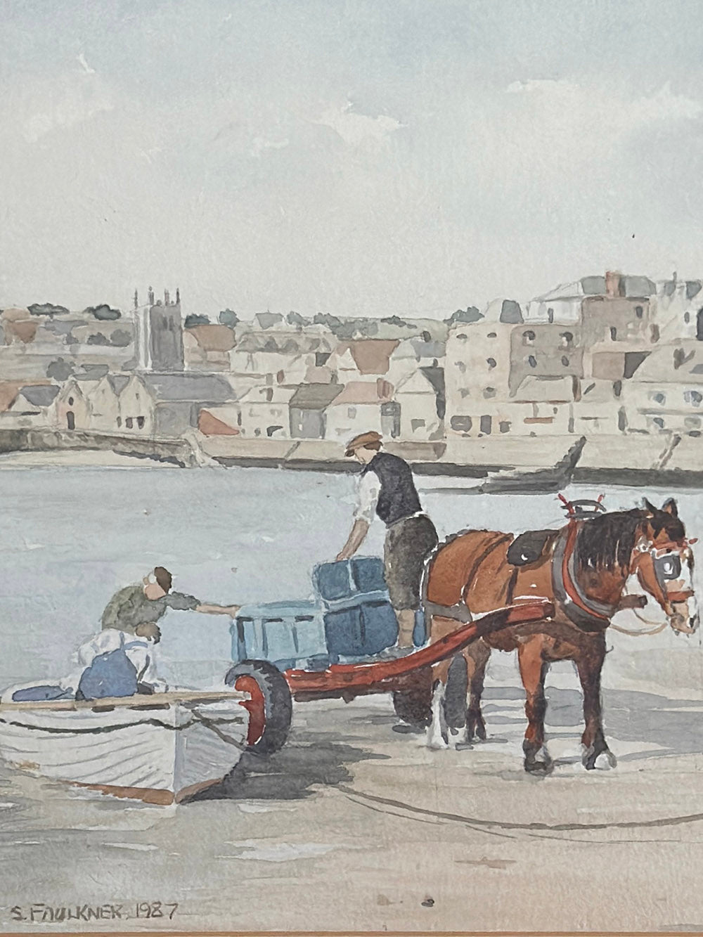 English Vintage Watercolour Painting, St. Ives by S. Faulkner - detail 1