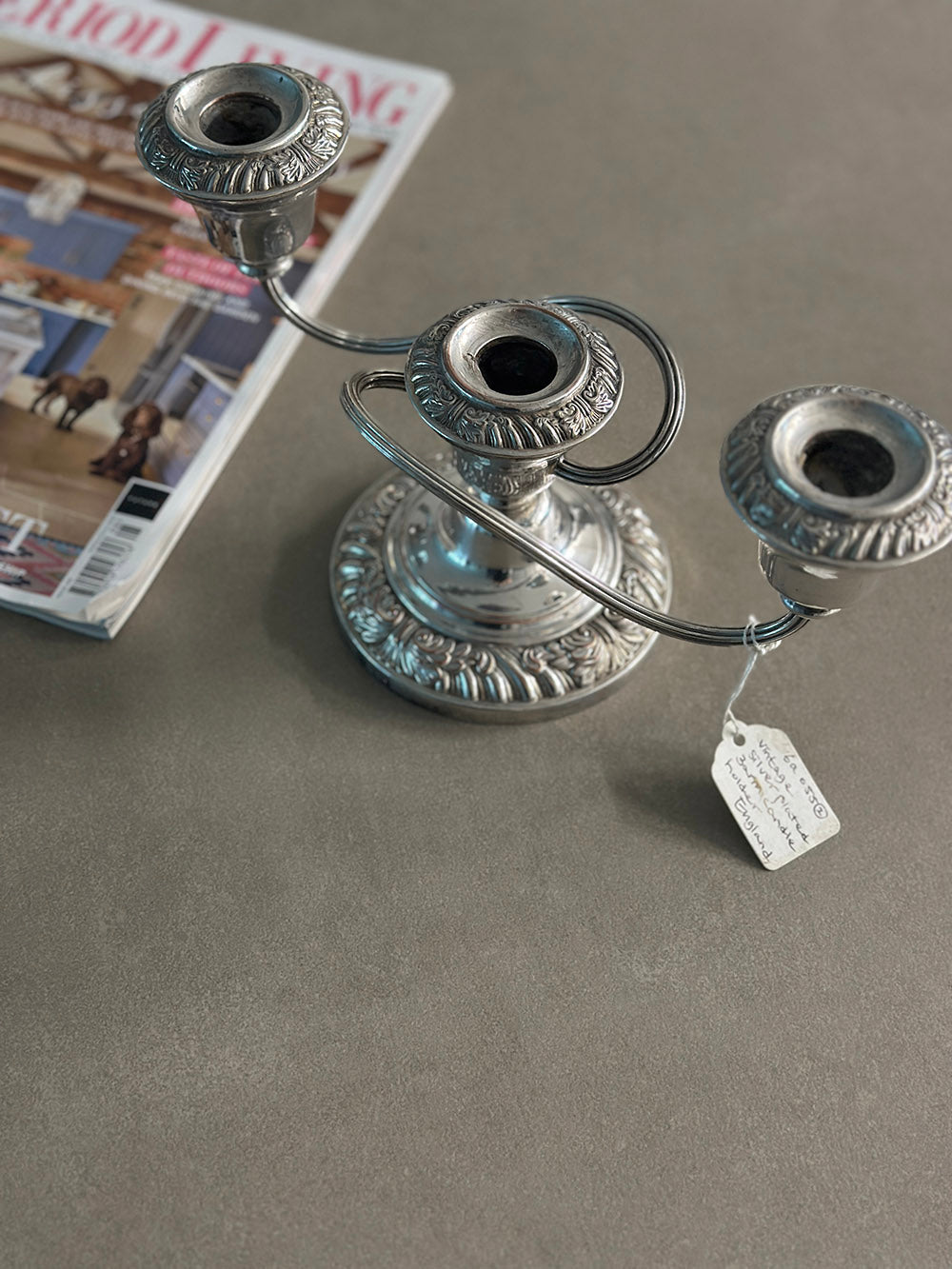 English Vintage Silver-Plated Three-Arm Candle Holder - detail 3